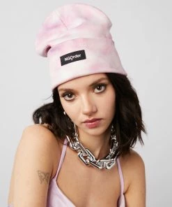 New Girl Order RIBBED TIE DYE BEANIE WITH BADGE DETAIL - LIGHT PINK