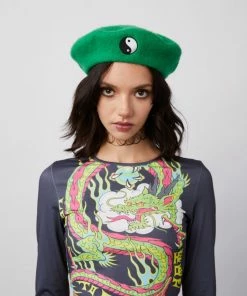 New Girl Order EMBROIDERED BERET WITH YING & YANG SYMBOL - GREEN Tops