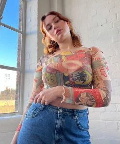 New Girl Order MATCHBOX PRINT MESH LONG SLEEVE TEE Tops