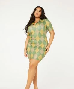 New Girl Order GREEN ARGYLE PRINT COLLAR RIBBED DRESS CURVE Tops