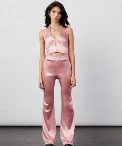 New Girl Order Tops STRETCH SATIN HALTER NECK TOP - PINK