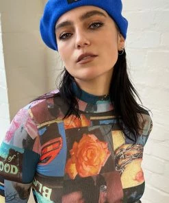 New Girl Order Tops EMBROIDERED BERET WITH ANGEL ENERGY BADGE - BLUE