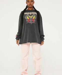 New Girl Order Butterfly Dagger Acid Wash Long Sleeved Top Tops